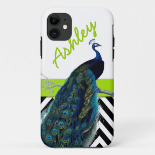 Peacock Black Chevron Lime Green Name iPhone 11 Hoesje