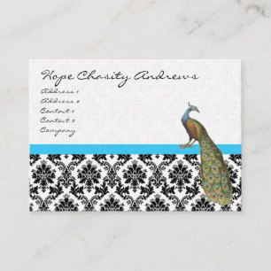 Peacock Black White Damask Bright Aqua Trim Visitekaartje