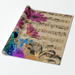 Peacock, Blad Music en Flowers Cadeaupapier