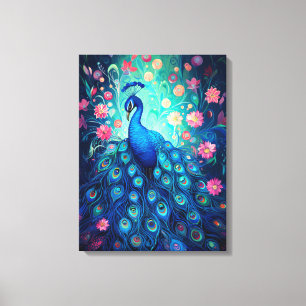 Peacock - Blauwe Groene Aqua Veren & Roze Bloemen Canvas Afdruk