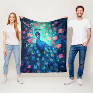 Peacock - Blauwe Groene Aqua Veren & Roze Bloemen Fleece Deken