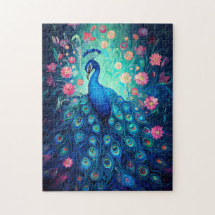 Peacock - Blauwe Groene Aqua Veren & Roze Bloemen Legpuzzel