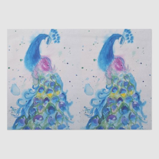 Peacock Blauwe Waterverf Schilderkunst Weefsel Tissuepapier (Voorkant)