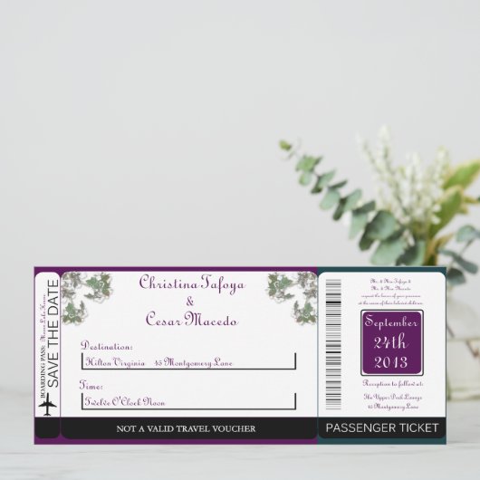 Peacock / Bloemen Boarding Pass Bruiloft uitnodigi Kaart (Staand voorkant)