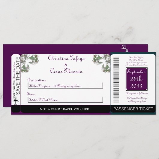 Peacock / Bloemen Boarding Pass Bruiloft uitnodigi Kaart (Voorkant / Achterkant)