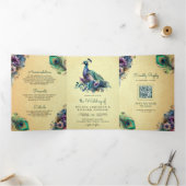 Peacock Bloemen Veer QR Code Bruiloft Drieluik Uitnodiging (Binnen)