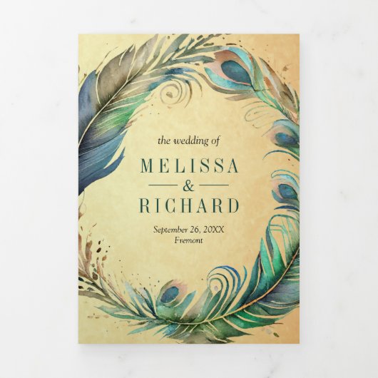 Peacock Bloemen Veer QR Code Bruiloft Drieluik Uitnodiging (Cover)