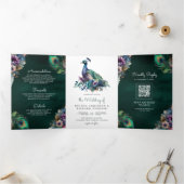 Peacock Bloemen Veer QR Code Smaragd Bruiloft Drieluik Uitnodiging (Binnen)