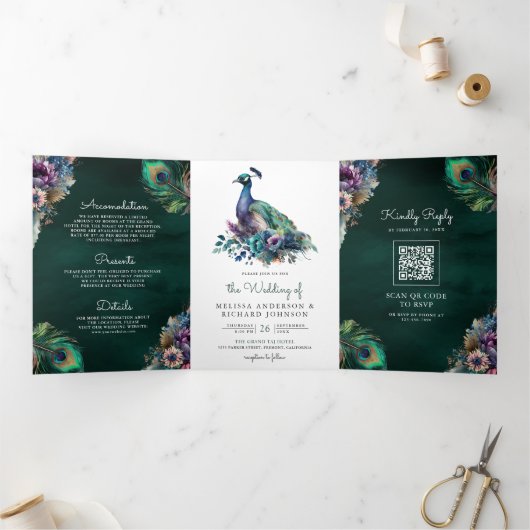Peacock Bloemen Veer QR Code Smaragd Bruiloft Drieluik Uitnodiging (Binnen)