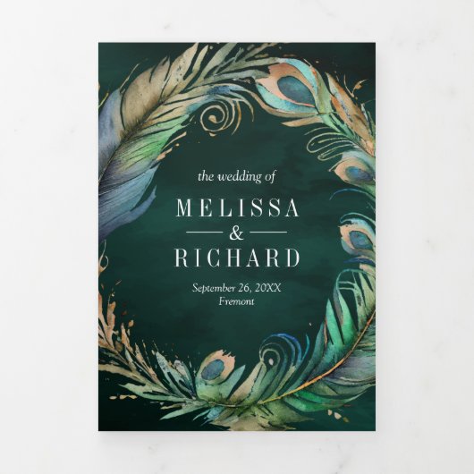Peacock Bloemen Veer QR Code Smaragd Bruiloft Drieluik Uitnodiging (Cover)