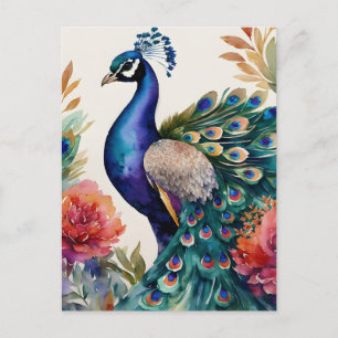 Peacock Bloemen Waterverf Kunst Briefkaart