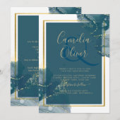 Peacock Blue Alcohol INK Chic Wedding Invite Kaart (Voorkant / Achterkant)