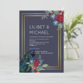 Peacock Blue Burgundy Winter Fall Wedding Kaart (Staand voorkant)