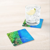 Peacock Blue Green Feather Texture Summer Vibes Vierkante Kartonnen Onderzetter (Insitu)