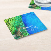 Peacock Blue Green Feather Texture Summer Vibes Vierkante Kartonnen Onderzetter (Schuin)