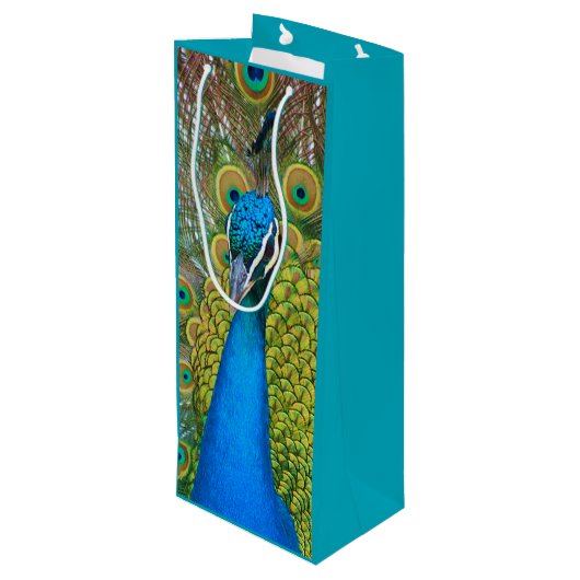 Peacock Blue Head met kleurrijke staartopperen Wijn Cadeautas (Achterkant Gekanteld)