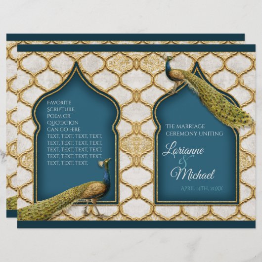  Peacock Blue in White Gold Wedding Programme (Voorkant / Achterkant)