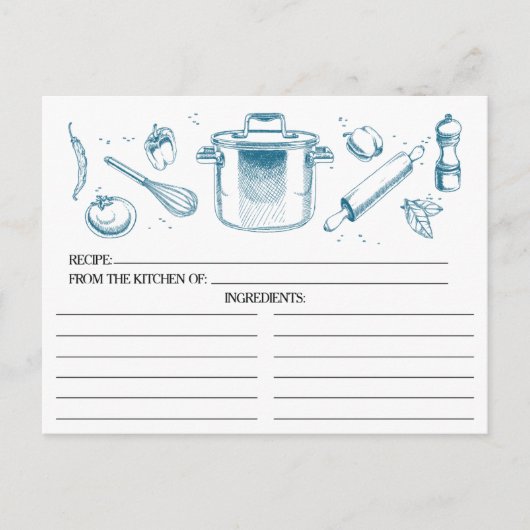Peacock Blue ketched Kitchen Tools Recipcards Briefkaart (Voorkant)