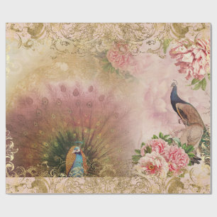 Peacock Blush Pink Peony Floral Gold Decoupage Cadeaupapier