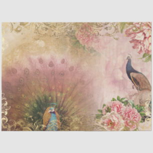 Peacock Blush Pink Peony Floral Gold Decoupage Tissuepapier