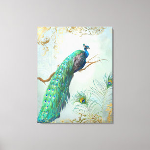 Peacock Branch Full Tail Feathers Gold Leaf look Canvas Afdruk