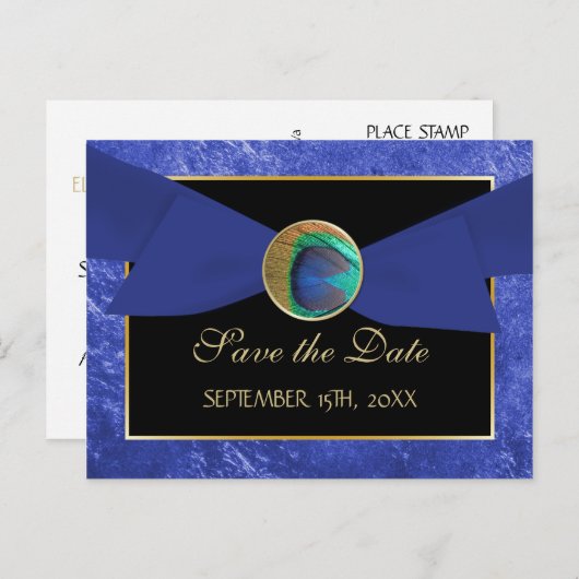 Peacock Button & Bow SAVE THE DATE Briefkaart-Blau Aankondigingskaart (Voorkant / Achterkant)