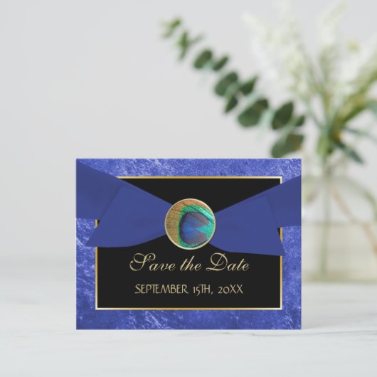 Peacock Button & Bow SAVE THE DATE Briefkaart-Blau Aankondigingskaart (Staand voorkant)