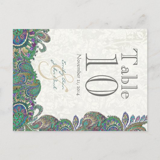 Peacock Colors Paisley Mariage Numéro de table (Dos)