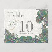 Peacock Colors Paisley Weddenroletabel Number Briefkaart (Voorkant)