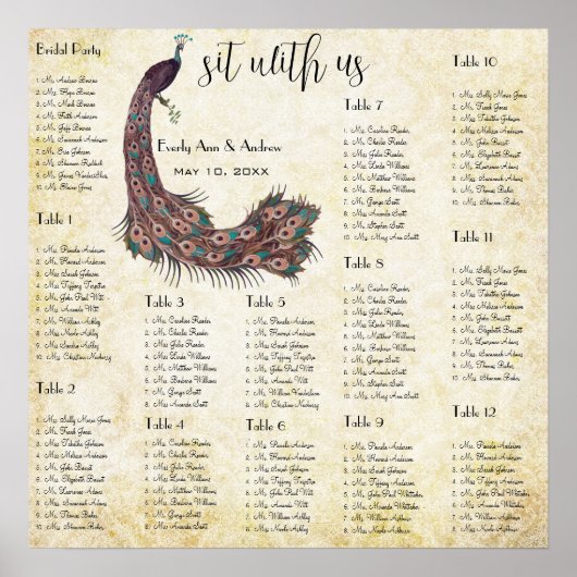 Peacock Damask Wedding Seating Chart 12 Tables Poster (Voorkant)