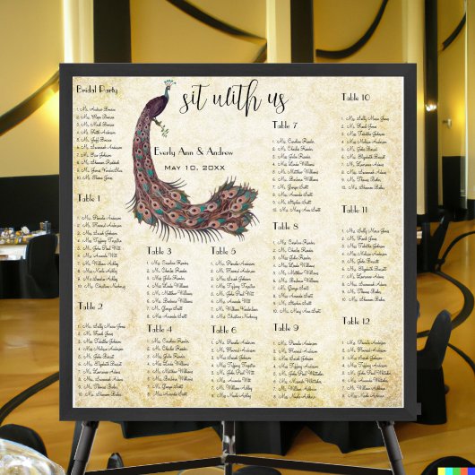 Peacock Damask Wedding Seating Chart 12 Tables Poster