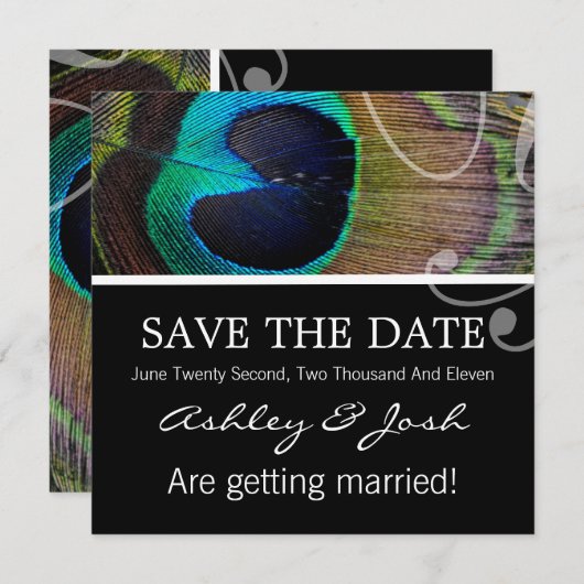 Peacock-doezelaar sparen de datum uitnodigt save the date (Voorkant / Achterkant)