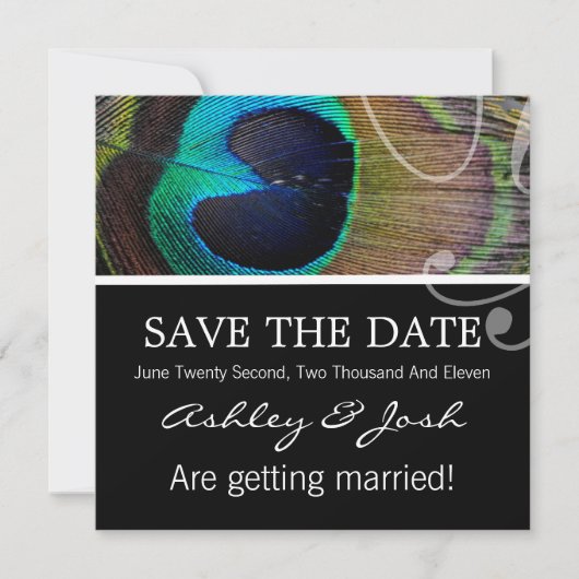 Peacock-doezelaar sparen de datum uitnodigt save the date (Voorkant)