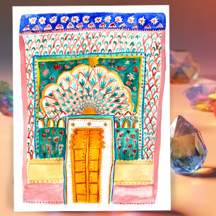 Peacock door Waterverf Jaipur City Palace Pink Briefkaart