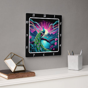 Peacock Elegance Neon Vierkante Klok