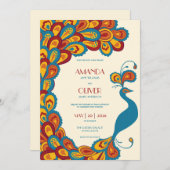 Peacock Elegance Veelkleurige Vintage bruiloft Kaart (Voorkant / Achterkant)