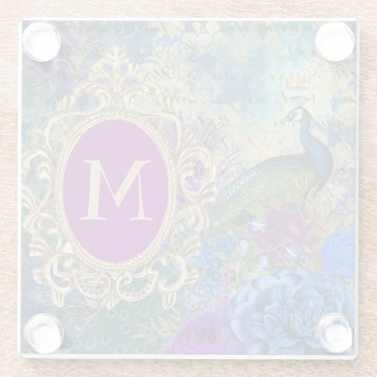 Peacock Elegant Paars Blauwgroen goudmonogram Glazen Onderzetter (Achterkant)