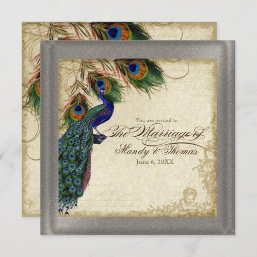 Peacock en forether Plechtige bruiloft Silver Meta Kaart (Voorkant / Achterkant)
