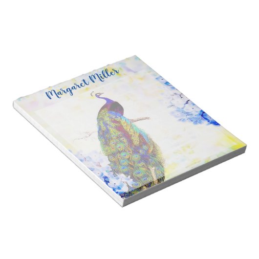 Peacock en hydrangea, gepersonaliseerd notitieblok (Schuin)