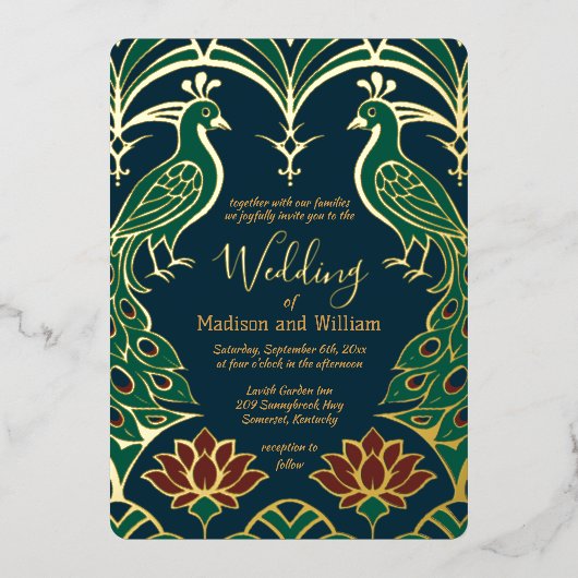Peacock en Lotus bruiloft Elegant Deco Regal Blue Folie Uitnodiging (Voorkant)