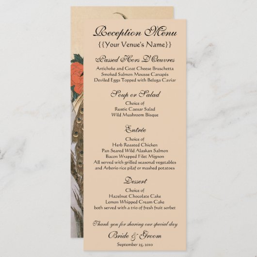 Peacock en pioenen door Hiroshige bruiloft Menu (Voorkant / Achterkant)