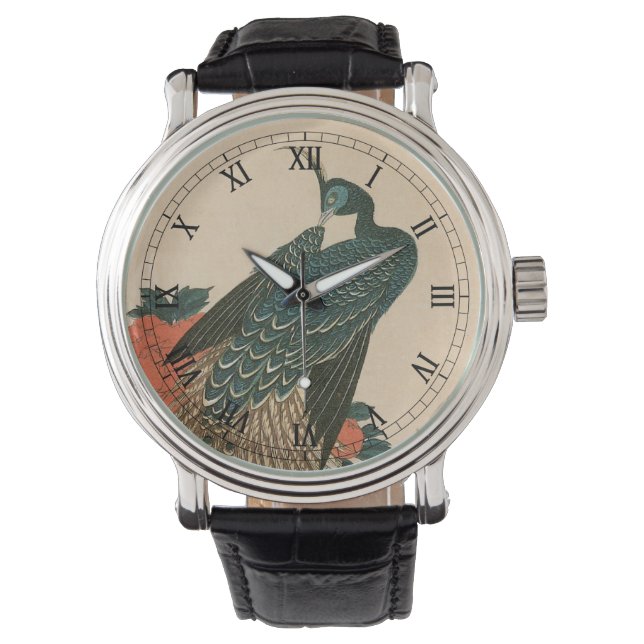 Peacock en pony's van Hiroshige, Japanse kunst Horloge (Voorkant)