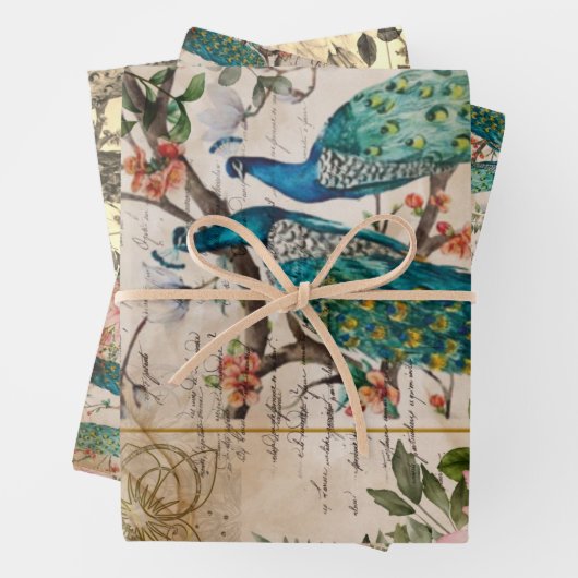 Peacock en Roze Magnolia Langere Ephemera Inpakpapier Vel (In situ)