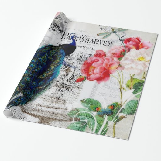 Peacock en rozen cadeaupapier (Uitgerold)