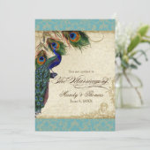 Peacock en veren Plechtige bruiloft Noite Aqua Blu Kaart (Staand voorkant)