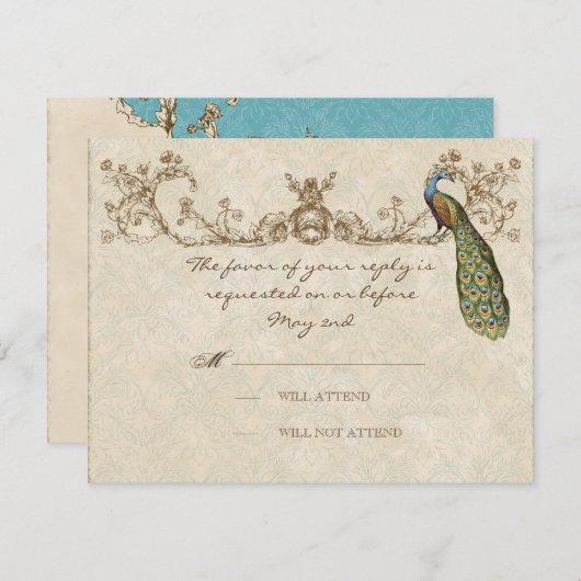Peacock & Etsen Bruiloft RSVP Kaart (Voorkant / Achterkant)