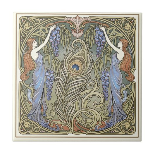 Peacock Feather and Muses Art Nouveau Pat#4 ID1193 Tegeltje (Voorkant)