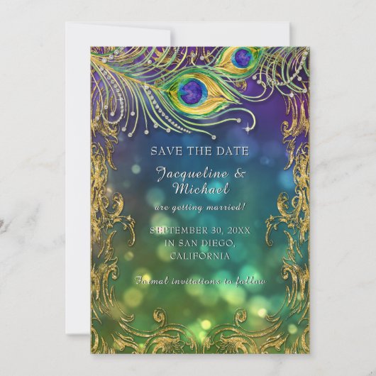 Peacock Feather Antiek  gouden rol Bokeh Save The Date (Voorkant)