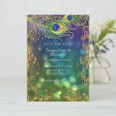 Peacock Feather Antiek  gouden rol Bokeh Save The Date (Staand voorkant)