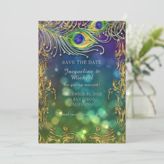 Peacock Feather Antiek  gouden rol Bokeh Save The Date (Staand voorkant)